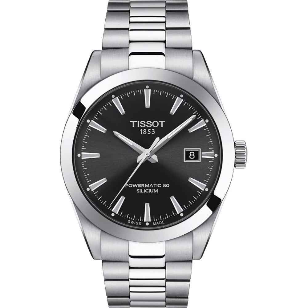 Zegarek Tissot Gentleman Powermatic 80 Silicium z czarną tarczą i metalową bransoletą.