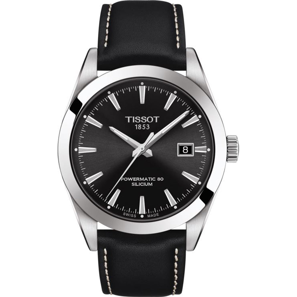 Zegarek Tissot Gentleman Powermatic 80 Silicium z czarną tarczą, stalową kopertą i skórzanym paskiem.