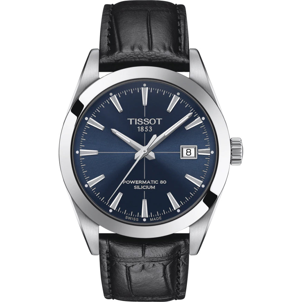 Zegarek Tissot Gentleman Powermatic 80 Silicium z niebieską tarczą, stalową kopertą i czarnym skórzanym paskiem.