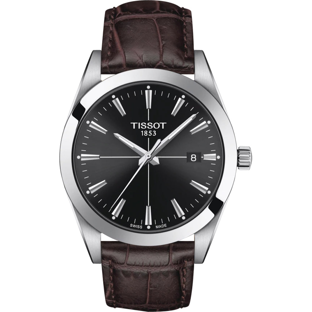 Zegarek Tissot Gentleman z czarną tarczą, stalową kopertą i brązowym paskiem skórzanym.