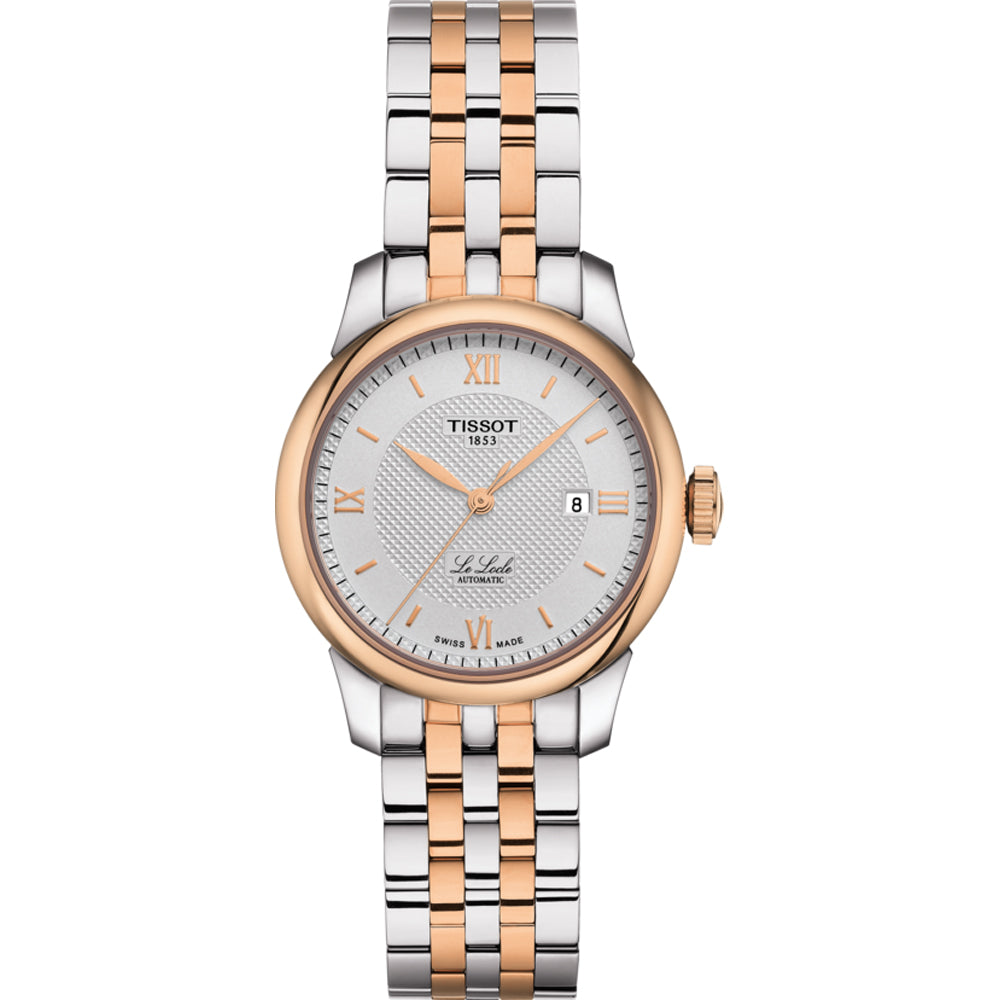Zegarek Tissot Le Locle Automatic Lady z różowo-złotą kopertą, srebrną tarczą i bransoletą ze stali nierdzewnej.