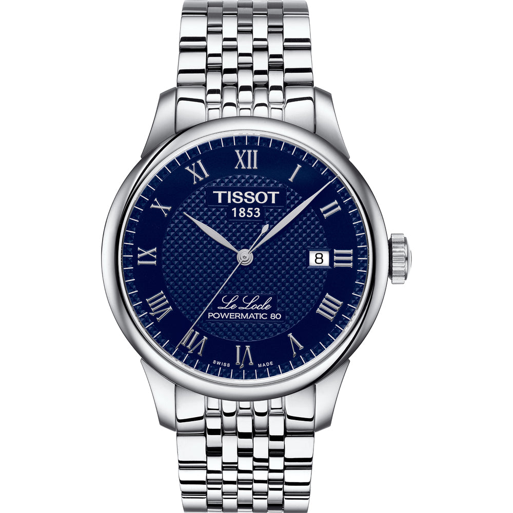 Zegarek Tissot Le Locle Powermatic 80 z niebieską tarczą, stalową kopertą i bransoletą.
