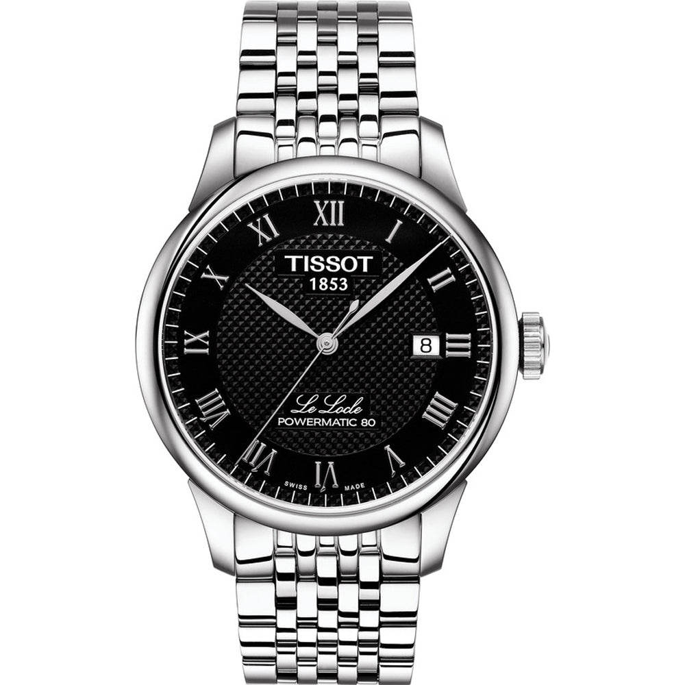 Zegarek Tissot Le Locle Powermatic 80 z czarną tarczą, stalową kopertą i bransoletą.