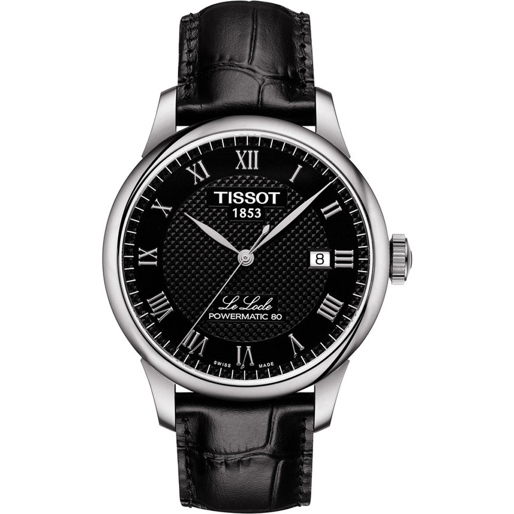Zegarek Tissot Le Locle Powermatic 80 z czarną tarczą, srebrną kopertą i skórzanym paskiem.