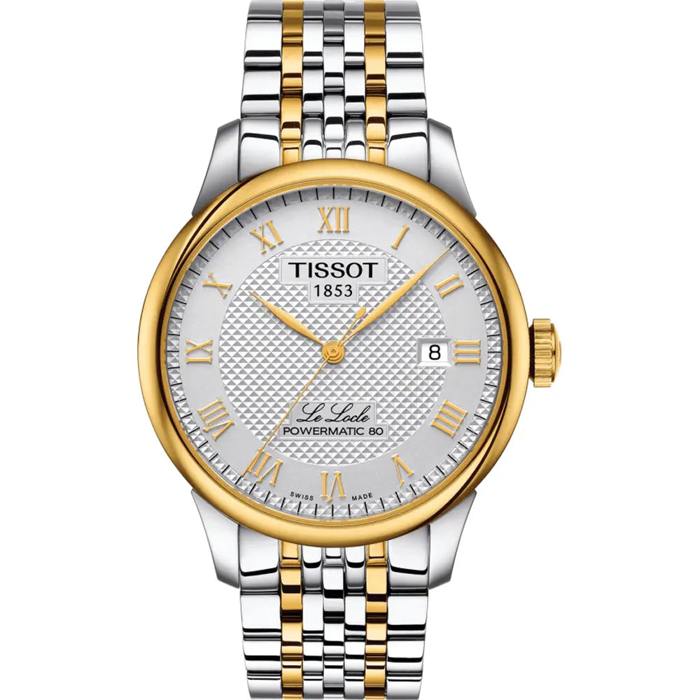 Zegarek Tissot Le Locle Powermatic 80 z dwukolorową bransoletą, srebrną kopertą i złotą tarczą.