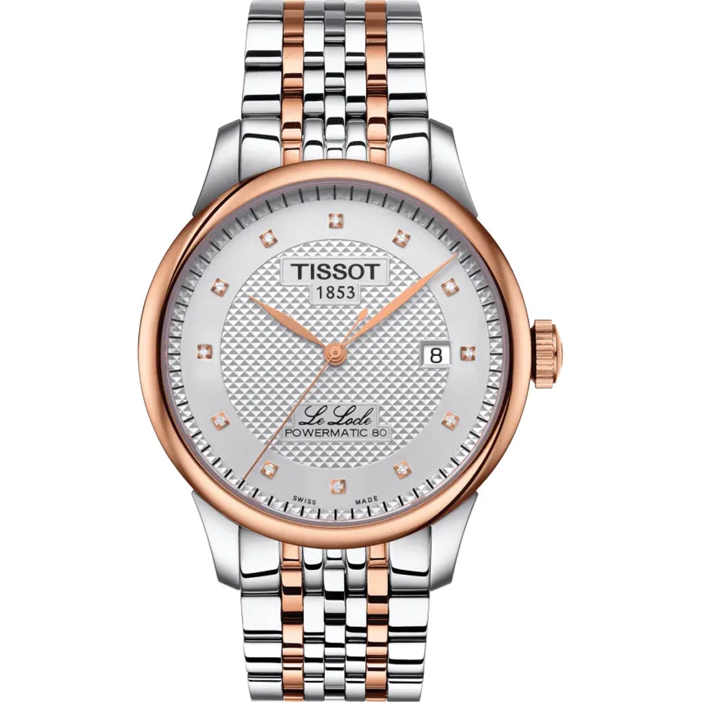 Zegarek Tissot Le Locle Powermatic 80 z okrągłą, srebrną tarczą, złotą kopertą i metalową bransoletą.