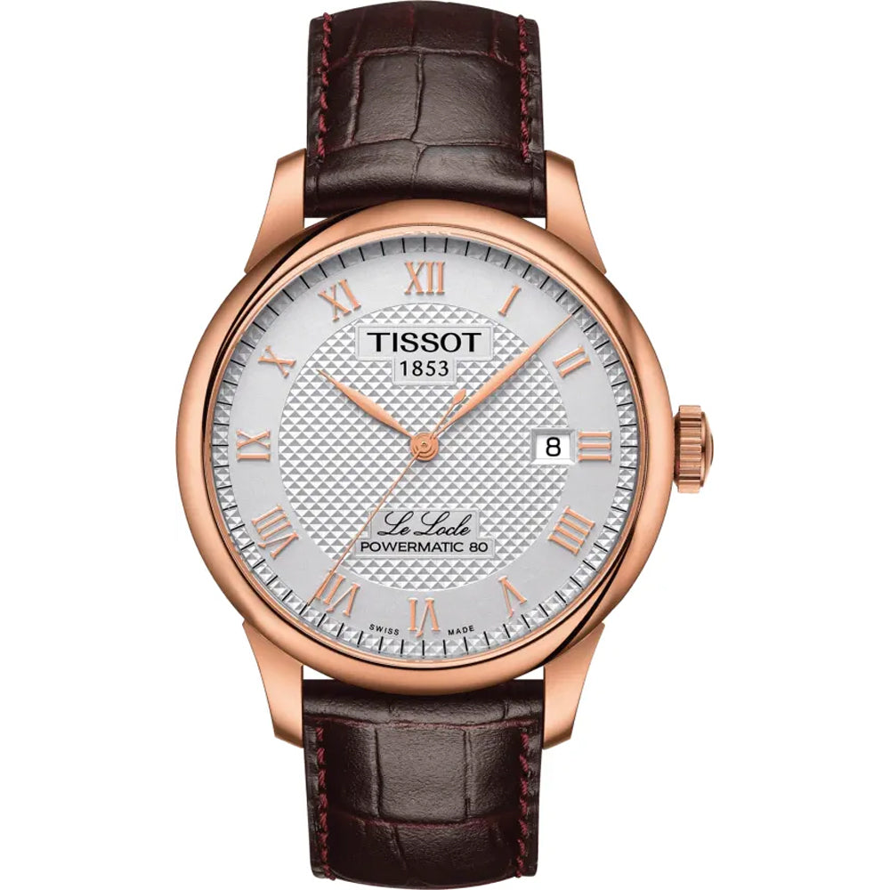 Zegarek Tissot Le Locle Powermatic 80 z różową kopertą, białą tarczą i brązowym paskiem skórzanym.