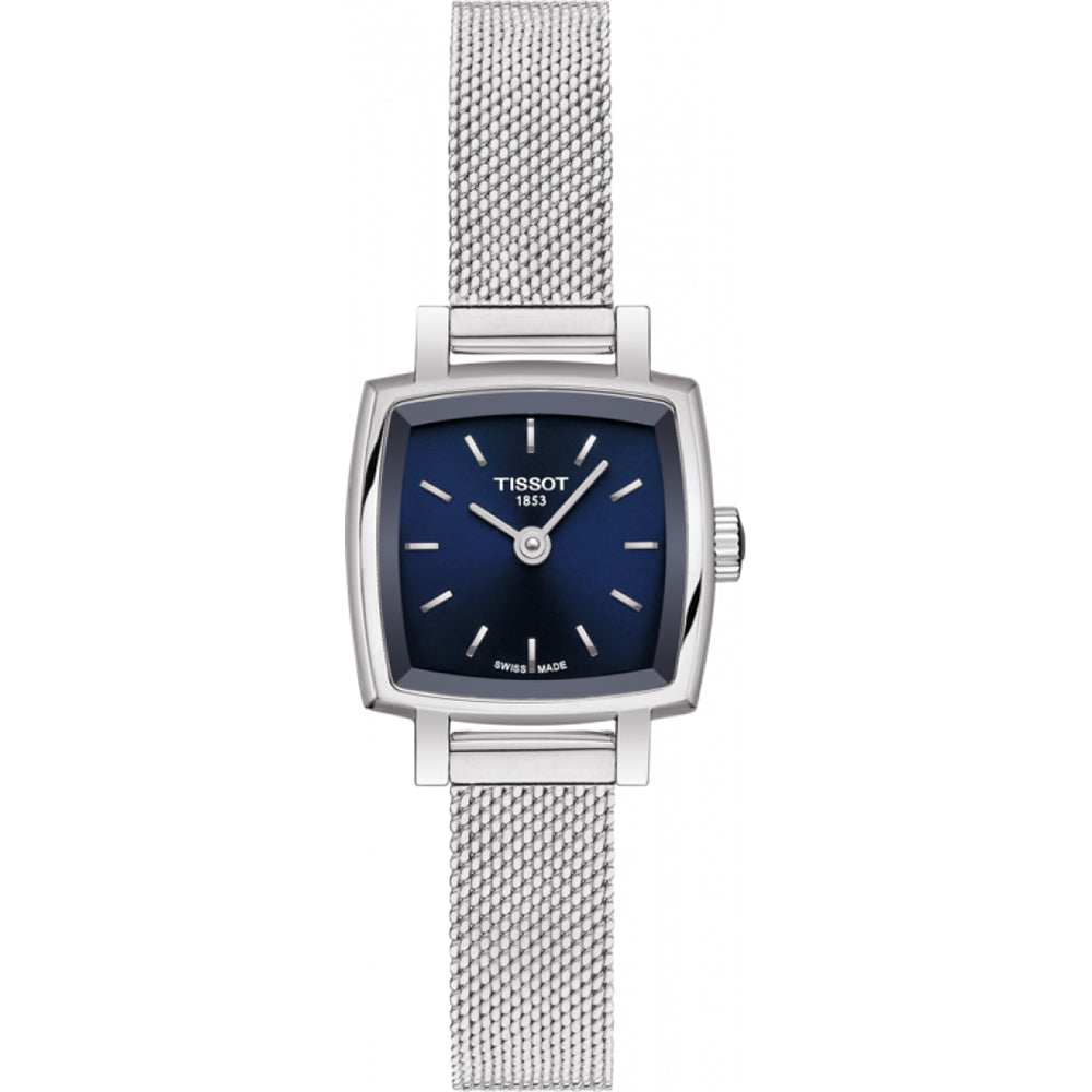Zegarek Tissot Lovely Square z niebieską tarczą, kwadratową kopertą i srebrnym pasek siatkowym.