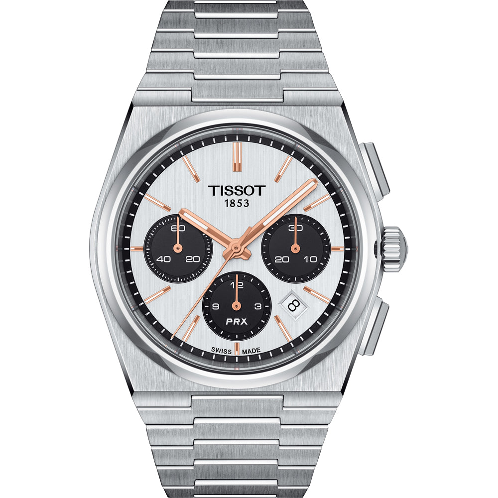 Zegarek Tissot PRX Automatic Chronograph z metalową bransoletą, srebrną kopertą i białą tarczą z czarnymi sub-tarczami.
