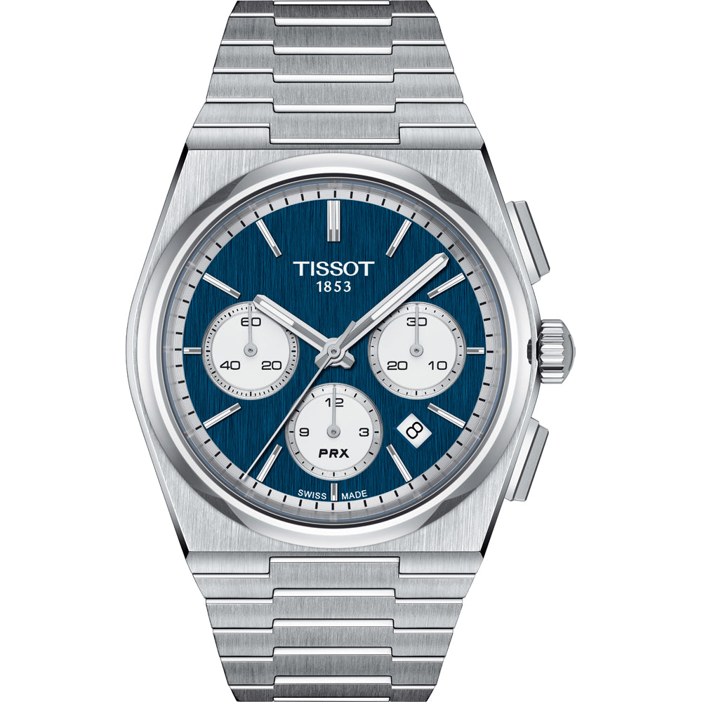 Srebrny zegarek Tissot PRX z niebieską tarczą, stalową kopertą i bransoletą, z chronografem.