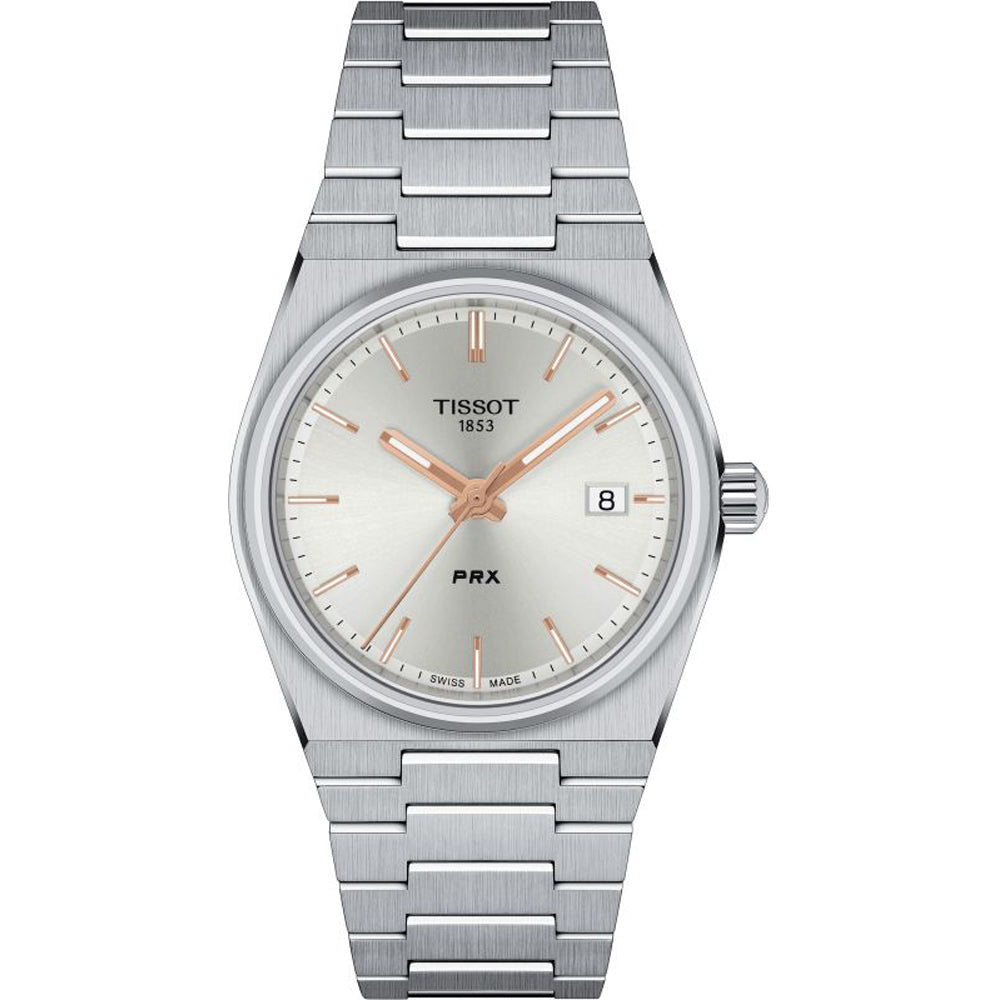 Srebrny zegarek Tissot PRX 35mm z okrągłą tarczą i bransoletą ze stali nierdzewnej.