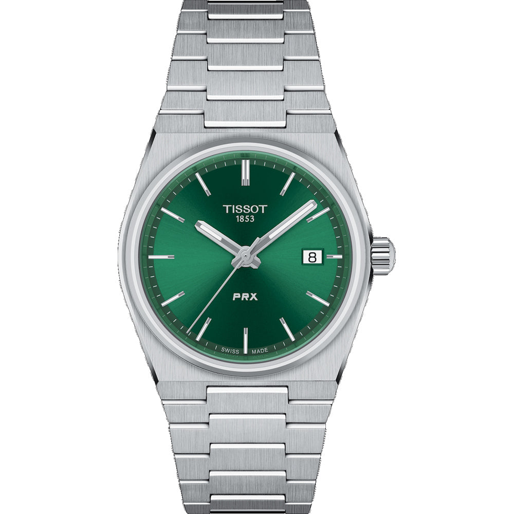 Zielony zegarek Tissot PRX 35mm z metalową bransoletą i okrągłą kopertą.