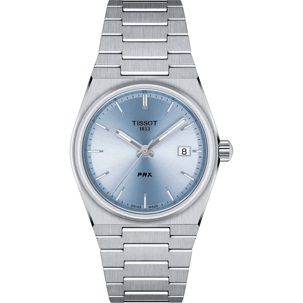 Zegarek Tissot PRX 35mm z niebieską tarczą, stalową kopertą i bransoletą.