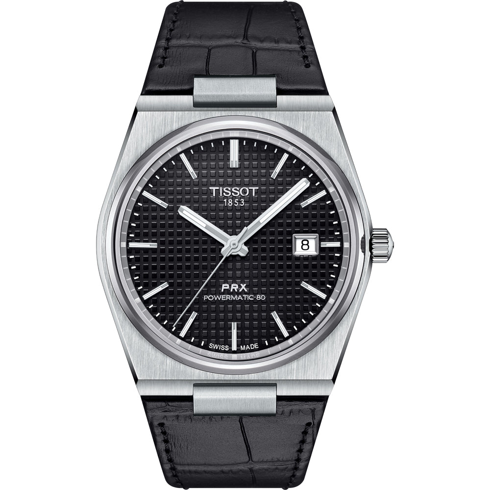 Zegarek Tissot PRX Powermatic 80 z czarną tarczą, stalową kopertą i skórzanym paskiem.