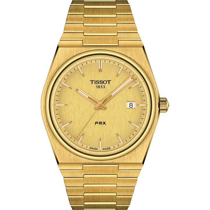 De Tissot PRX van Tissot heeft een goudkleurige kast, goudkleurige wijzerplaat, Saffierglas, goudkleurige markers en wijzers, datum op 3 uur, Zwitsers quartz uurwerk en een bijpassende goudkleurige metalen armband.