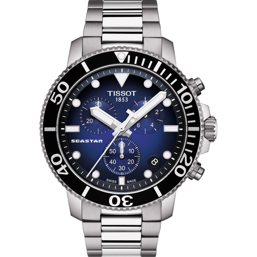 Zegarek Tissot Seastar 1000 Chronograph z niebieską tarczą, stalową kopertą i bransoletą.