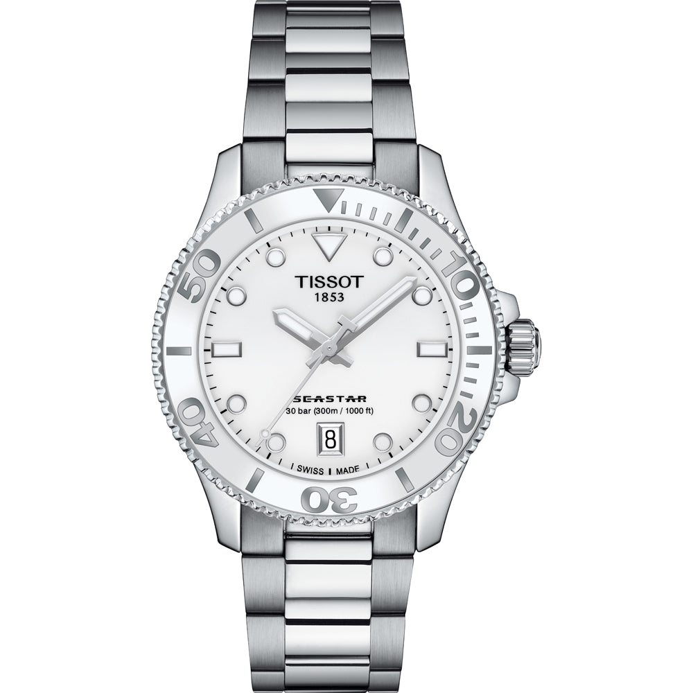 Zegarek Tissot Seastar 1000 o średnicy 36 mm, z białą tarczą i metalową bransoletą.