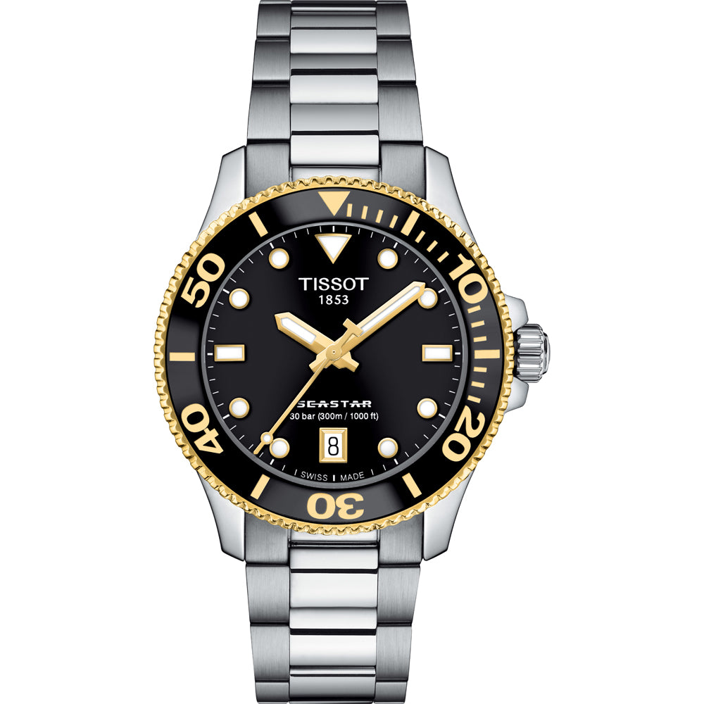 Zegarek Tissot Seastar 1000 o średnicy 36 mm, z czarną tarczą, stalową kopertą i złotym bezel.
