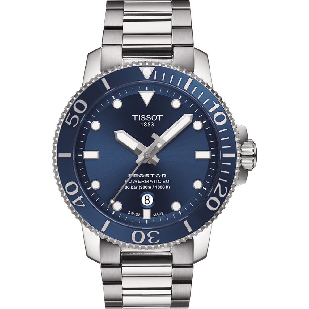 Zegarek Tissot Seastar 1000 z niebieską tarczą, stalową kopertą i bransoletą, wodoodporny do 300 m.