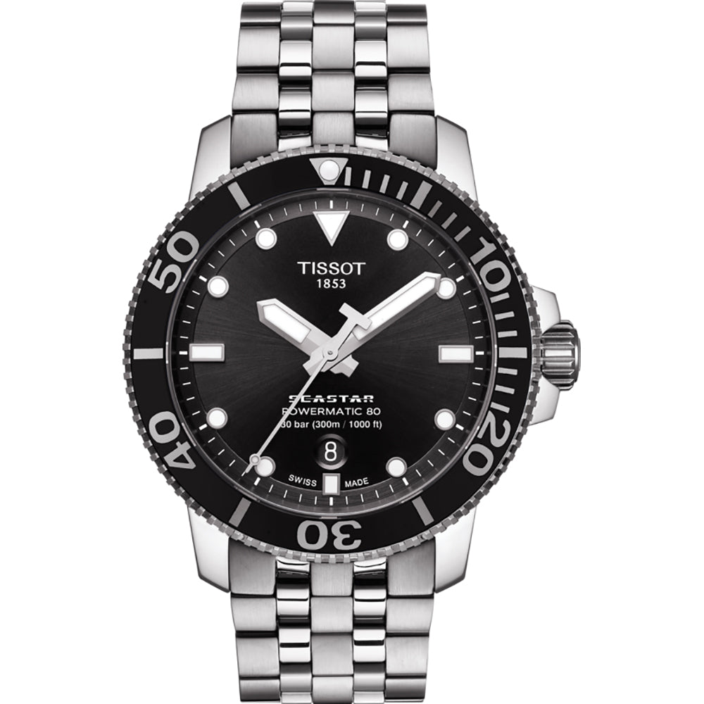 Zegarek Tissot Seastar 1000 z czarną tarczą, stalową kopertą i bransoletą.
