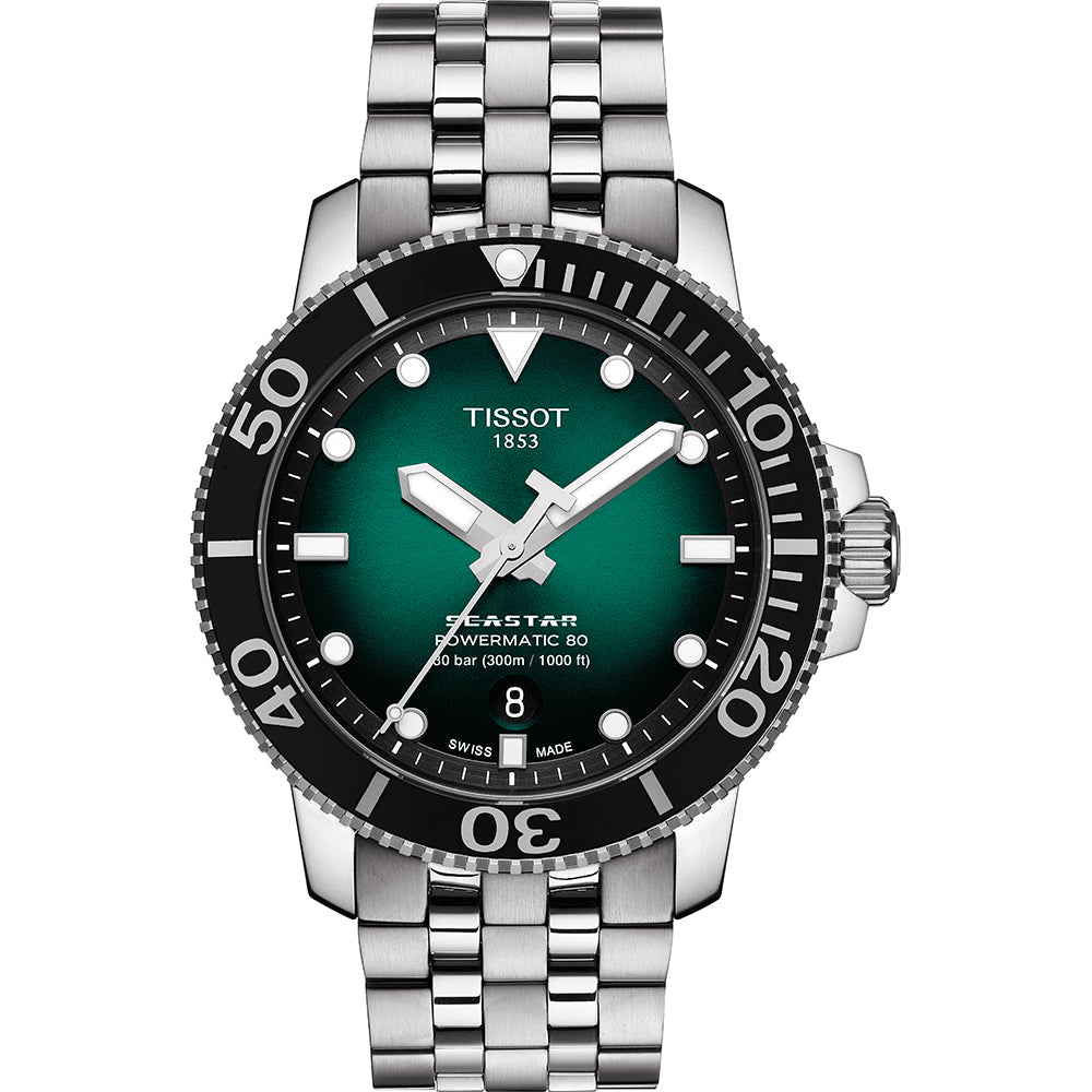 Zegarek Tissot Seastar 1000 Powermatic 80 z zieloną tarczą, stalową kopertą i bransoletą.
