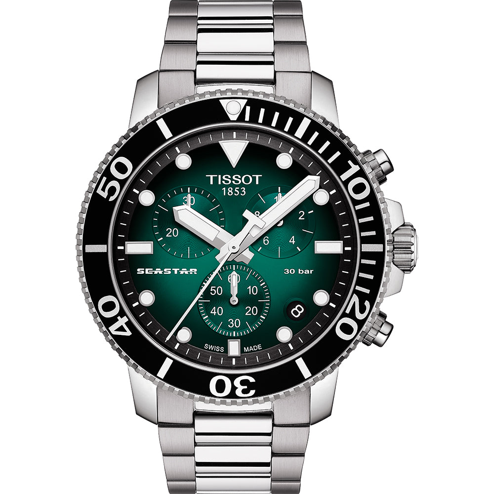 Zegarek Tissot Seastar 1000 z zieloną tarczą, stalowa koperta, czarna luneta i bransoleta.