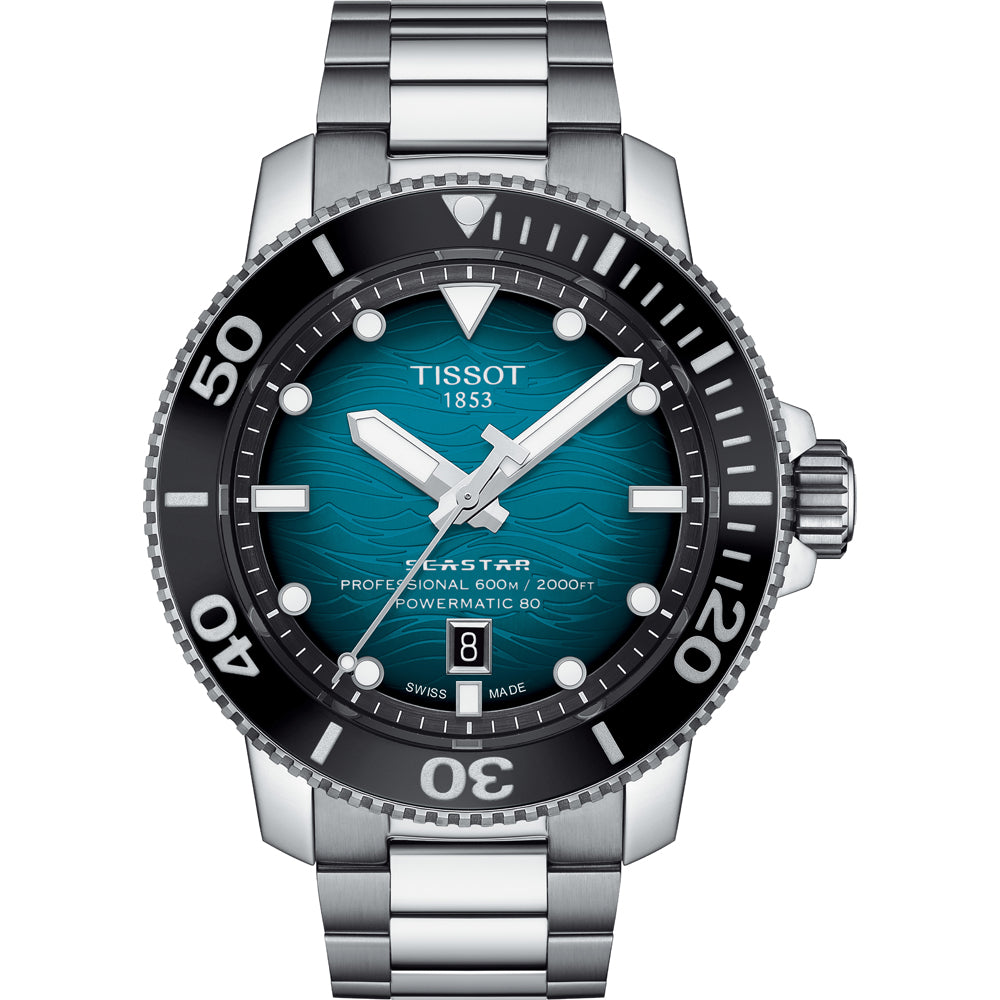 Zegarek Tissot Seastar 2000 Professional z niebieską tarczą, stalową kopertą i bransoletą.