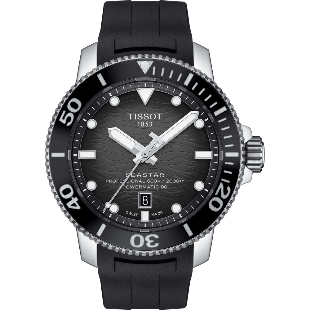 Zegarek Tissot Seastar 2000 Professional Powermatic 80 z czarną tarczą, stalową kopertą i czarnym paskiem.