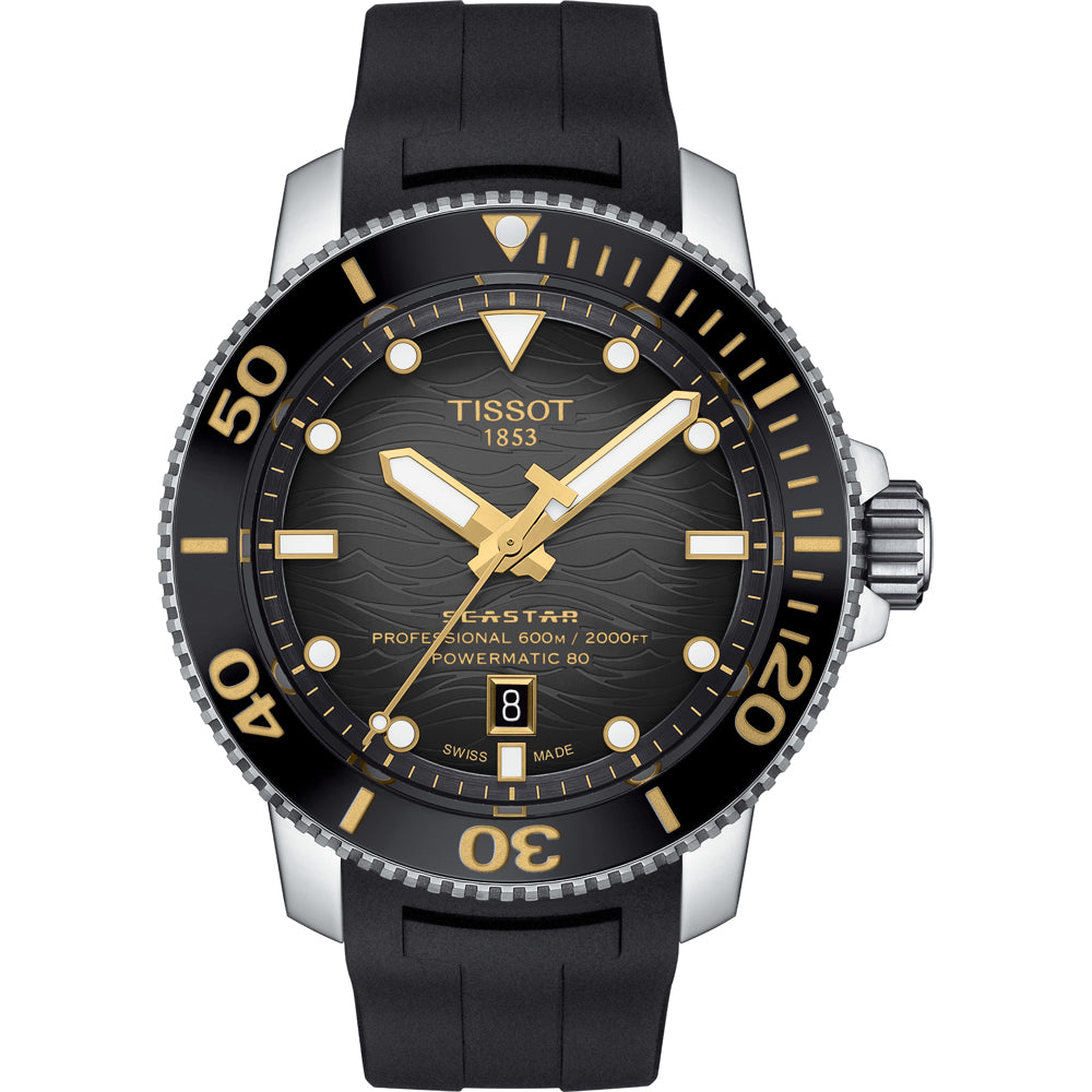 Zegarek Tissot Seastar 2000 Professional z czarną tarczą, stalową kopertą i czarnym paskiem.
