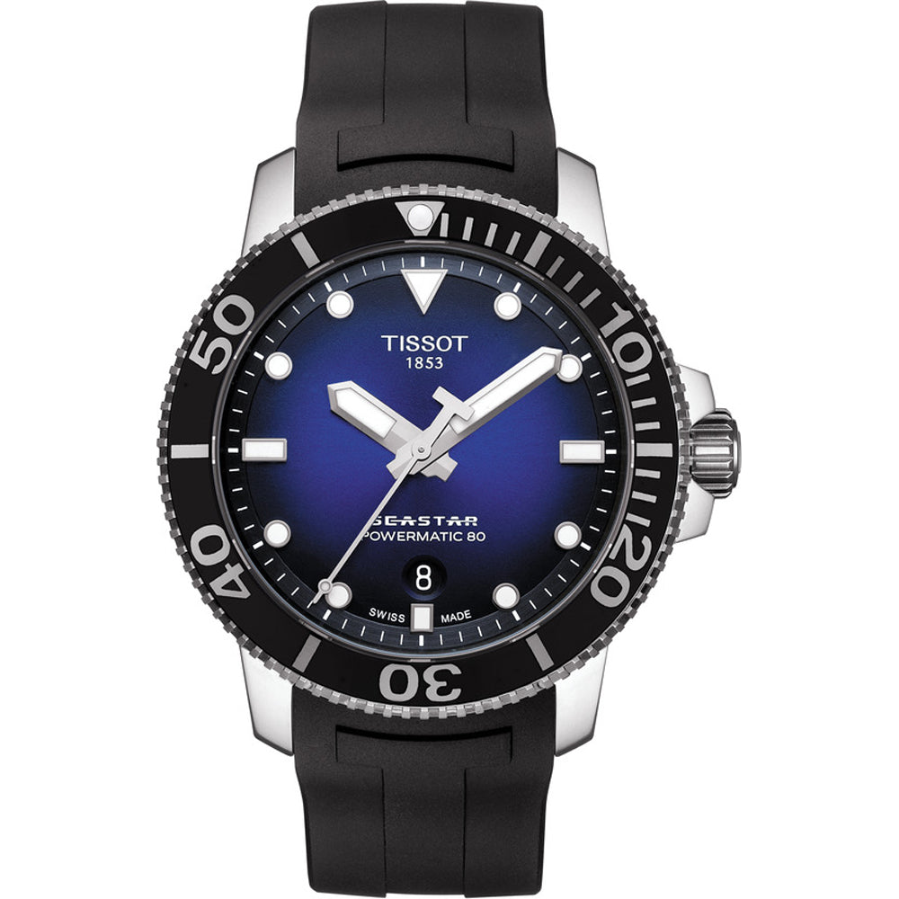 Zegarek Tissot Seastar 1000 z niebieską tarczą, stalową kopertą i czarnym paskiem.