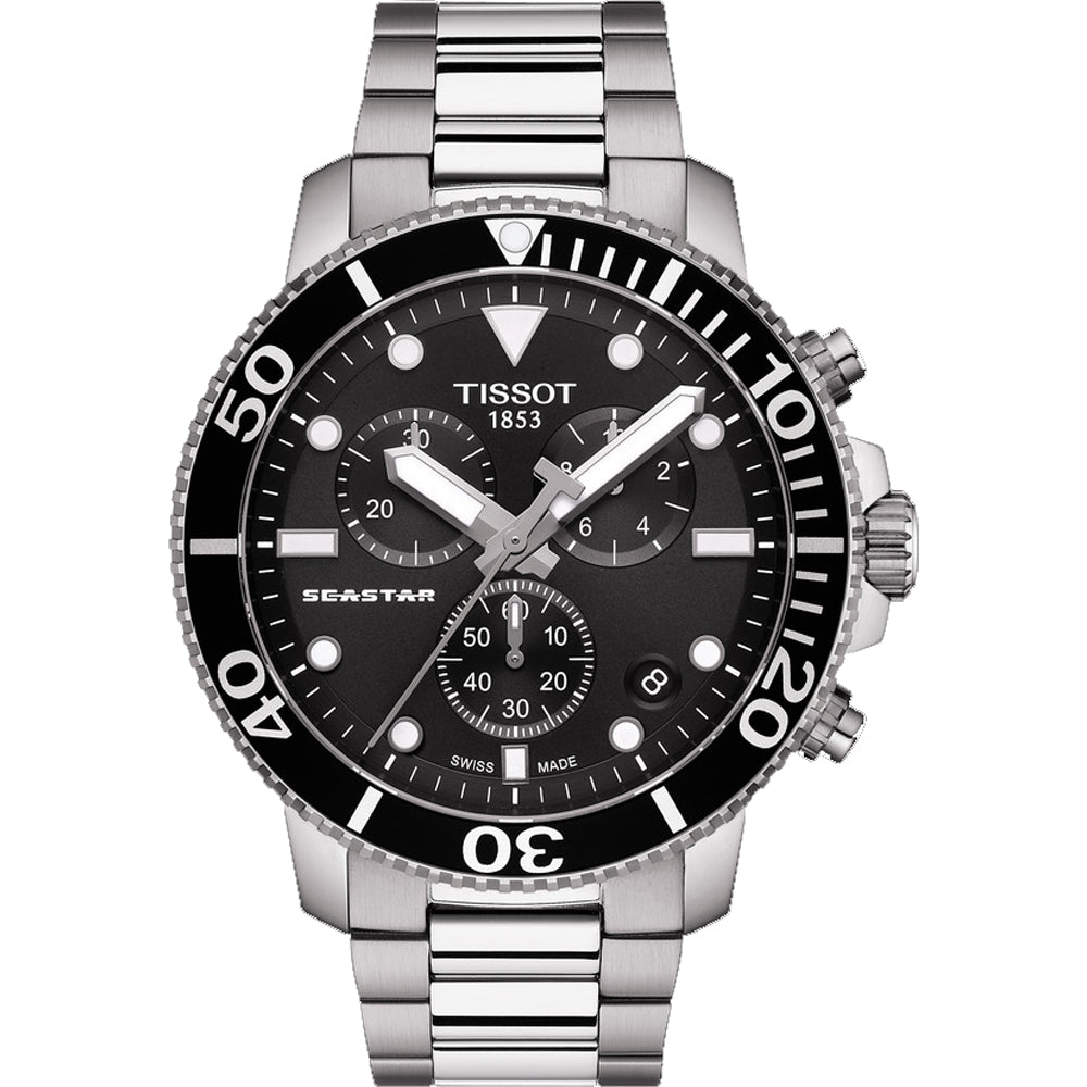 Zegarek Tissot Seastar 1000 Chronograph z czarną tarczą, stalową kopertą i bransoletą.