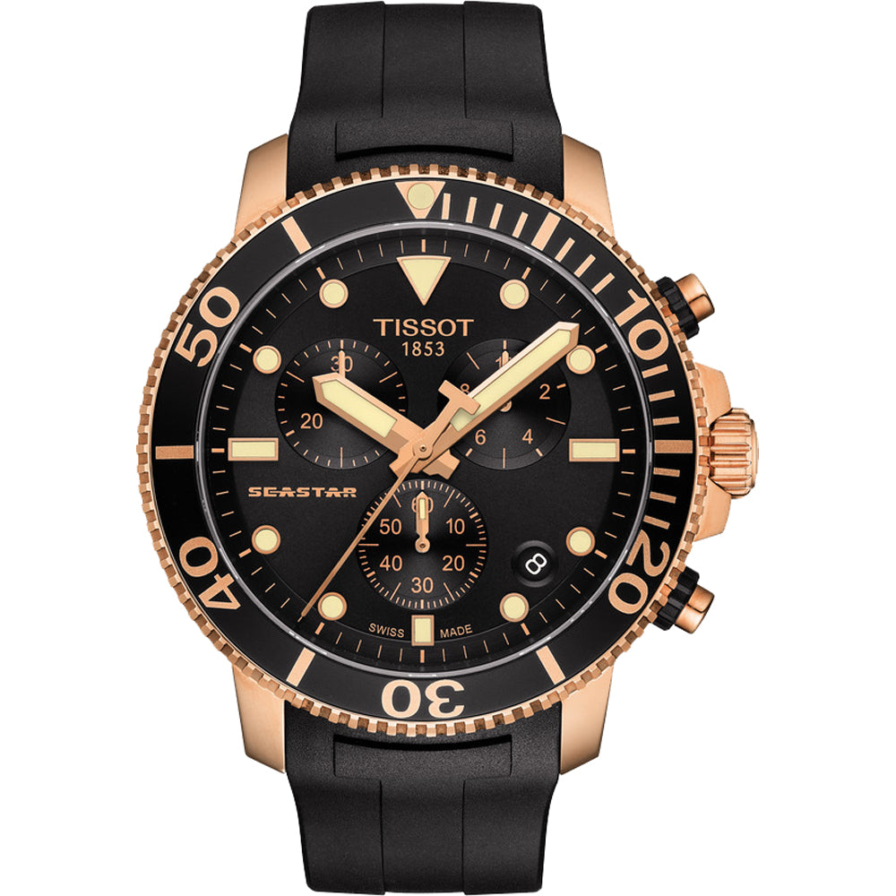 Złoty zegarek Tissot Seastar 1000 z czarną tarczą, czarnym paskiem i chronografem.