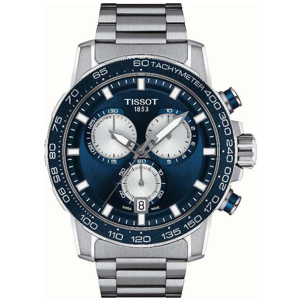 Zegarek Tissot Supersport Chrono z niebieską tarczą, stalową kopertą i bransoletą, z trzema subtarczami.