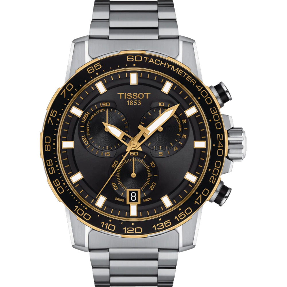 Zegarek Tissot Supersport Chrono z czarną tarczą, stalową kopertą i bransoletą, złotymi detalami.