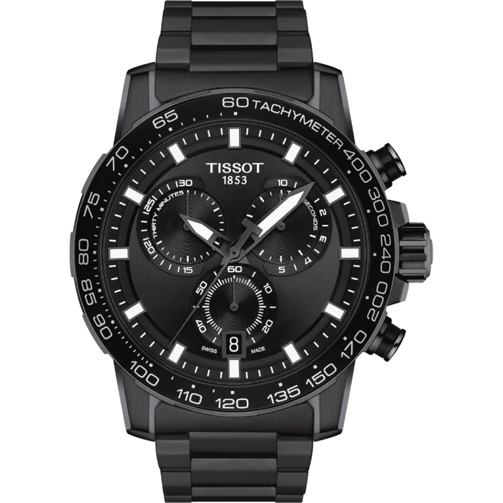 Czarny zegarek Tissot Supersport Chrono z chronografem, czarną tarczą i stalową kopertą.