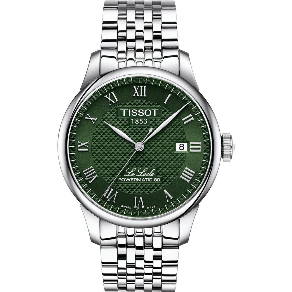 Zielony zegarek Tissot Le Locle Powermatic 80 z metalową bransoletą i romanskimi cyframi na tarczy.