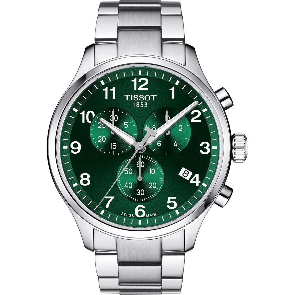 Zielony zegarek Tissot Chrono XL Classic z metalową bransoletą, okrągła tarcza z trzema subtarcze.