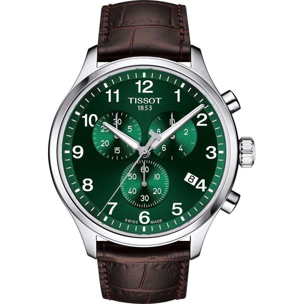 Zielony zegarek Tissot z brązowym paskiem, stalowa koperta, okrągła tarcza z chronografem.