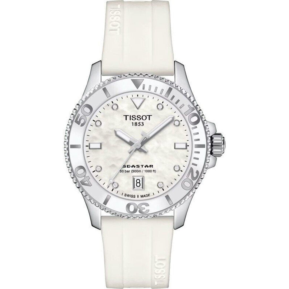 Zegarek Tissot Seastar 1000 36mm z białym paskiem, srebrną kopertą i perłową tarczą.
