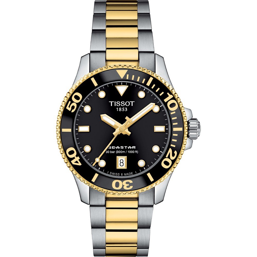 Zegarek Tissot Seastar 1000 o średnicy 36 mm, z czarną tarczą, stalową kopertą i złotym paskiem.