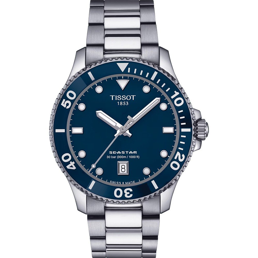Zegarek Tissot Seastar 1000 o średnicy 40 mm, z niebieską tarczą i stalową bransoletą.