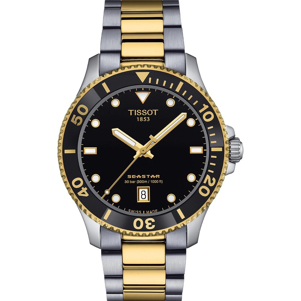 De Tissot Seastar 1000 40mm heeft een zwarte wijzerplaat, gouden en zilveren two-tone metalen band, lichtgevende markers, gouden lunette, datumvenster op 6 uur en wordt aangedreven door een betrouwbaar Zwitsers quartz uurwerk.