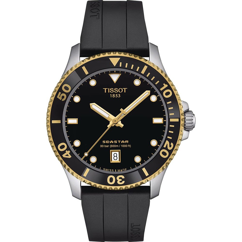 Zegarek Tissot Seastar 1000 z czarną tarczą, złotą kopertą i czarnym paskiem.