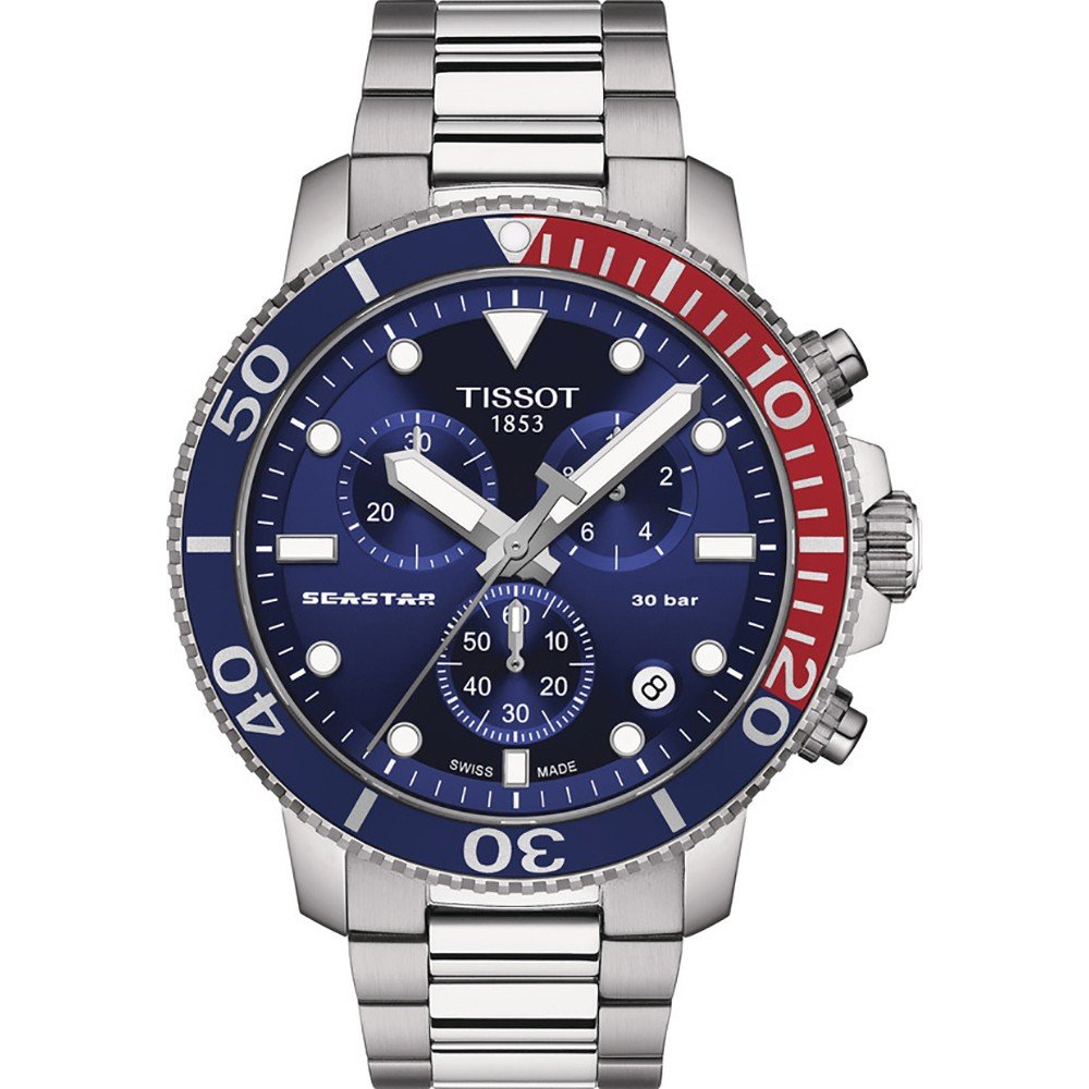 Zegarek Tissot Seastar 1000 z niebieską tarczą, stalową kopertą i bransoletą, z czerwonym akcentem.