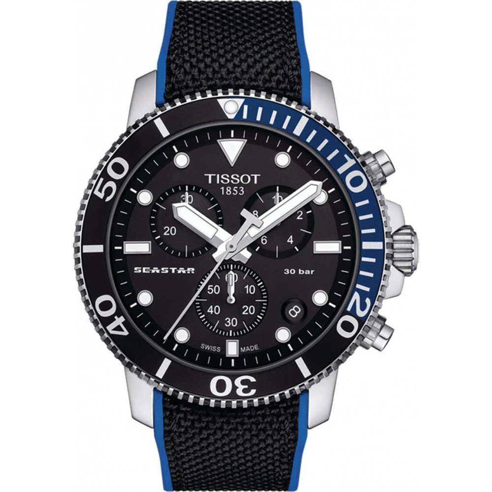 Zegarek Tissot Seastar 1000 Chronograph z czarną tarczą, stalową kopertą i niebieskim paskiem.