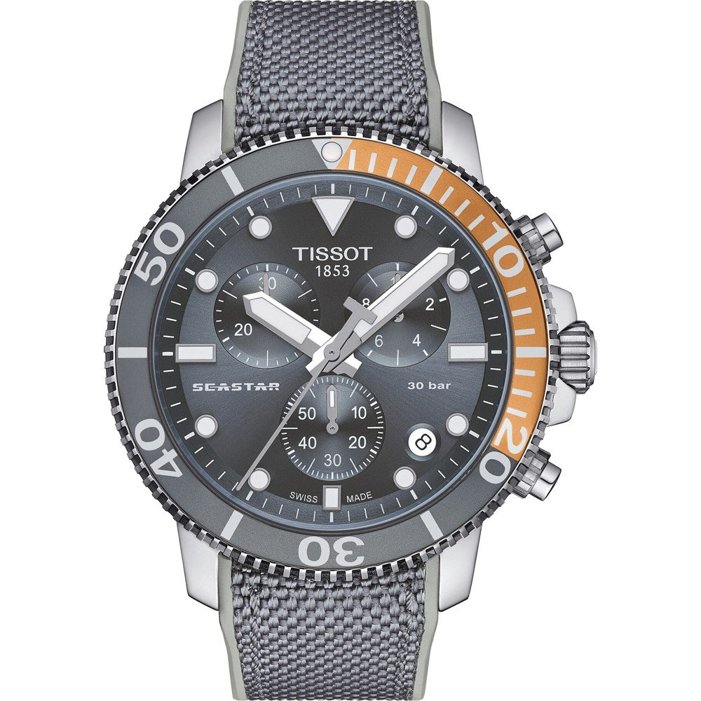 Zegarek Tissot Seastar 1000 z szarym cyferblatem, stalową kopertą i pomarańczowym akcentem.