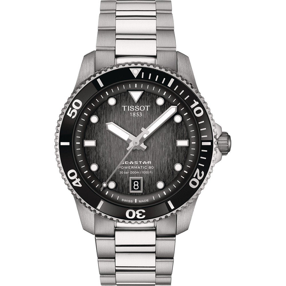 Zegarek Tissot Seastar 1000 z czarną tarczą, stalową kopertą i bransoletą, wodoodporny do 300 m.