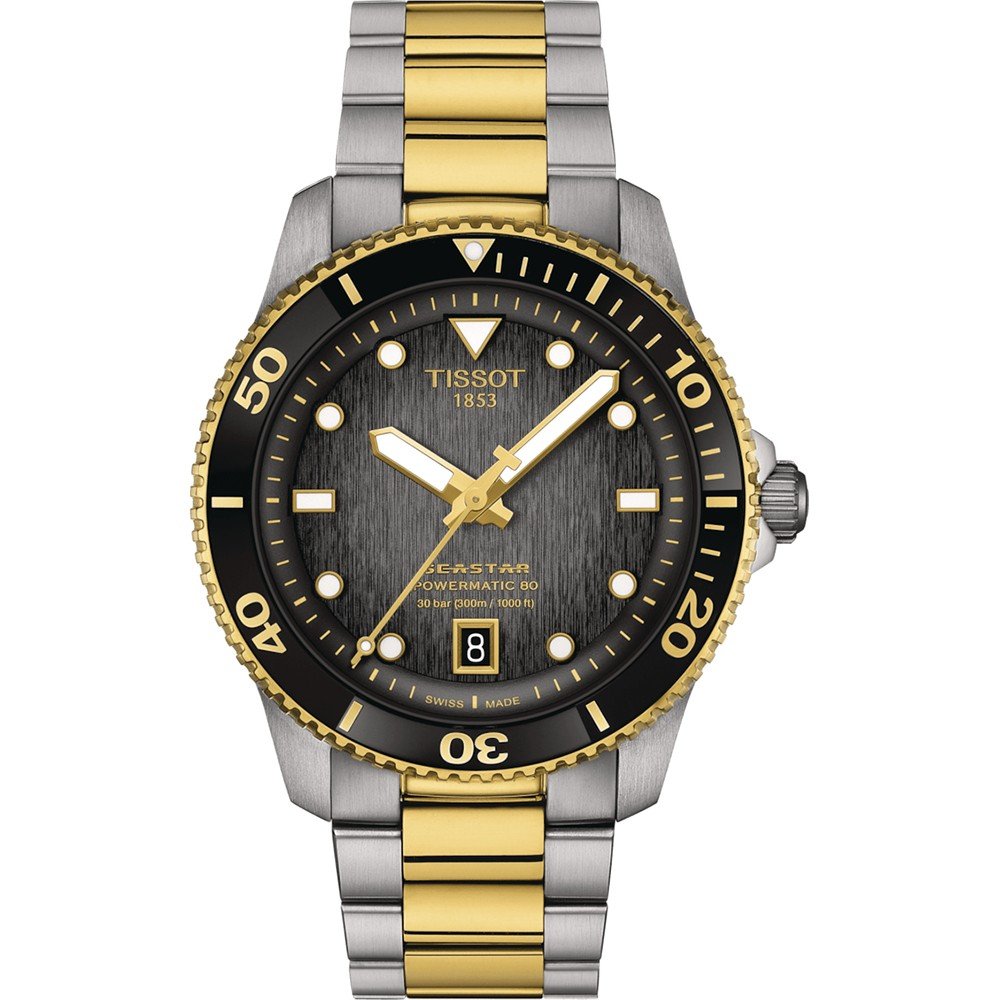 Zegarek Tissot Seastar 1000 z czarną tarczą, stalową kopertą i złotym paskiem.