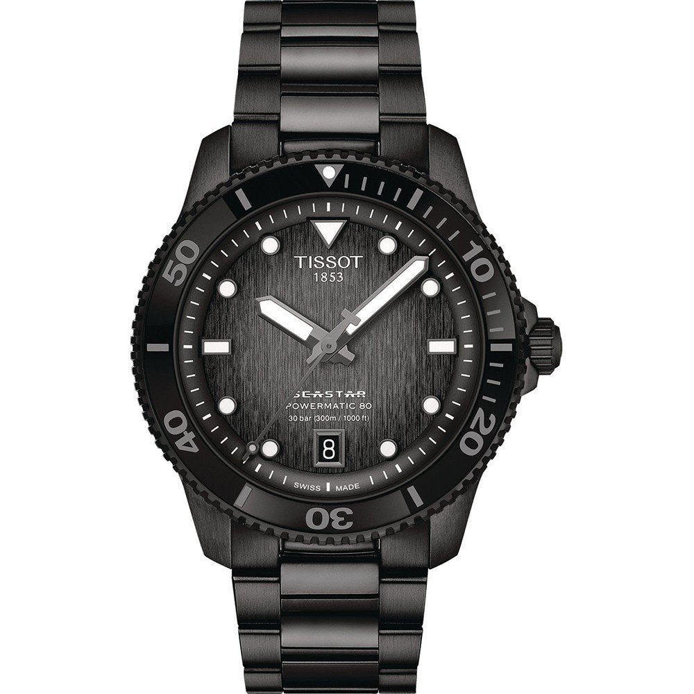 Czarny zegarek Tissot Seastar 1000 z metalową bransoletą, tarczą z fakturą i datownikiem.