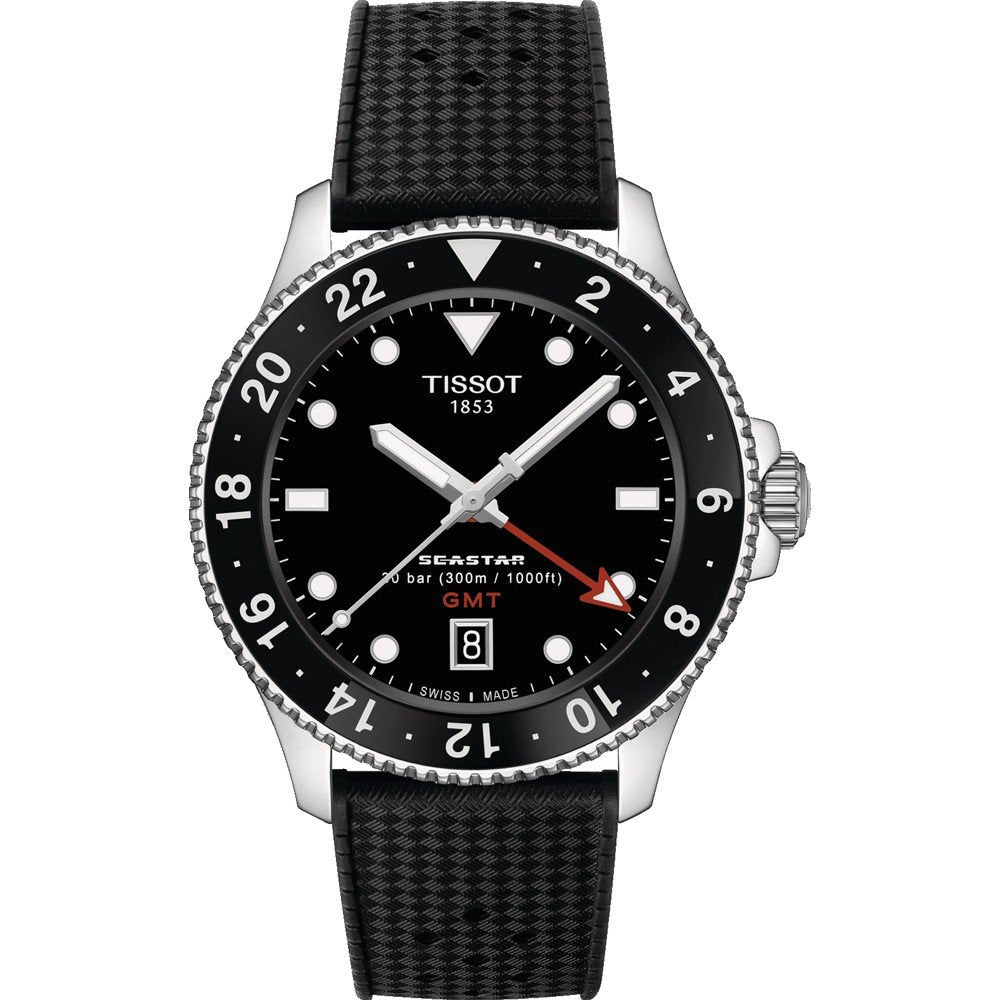 Zegarek Tissot Seastar 1000 Quartz GMT z czarną tarczą, stalową kopertą i czarnym paskiem.